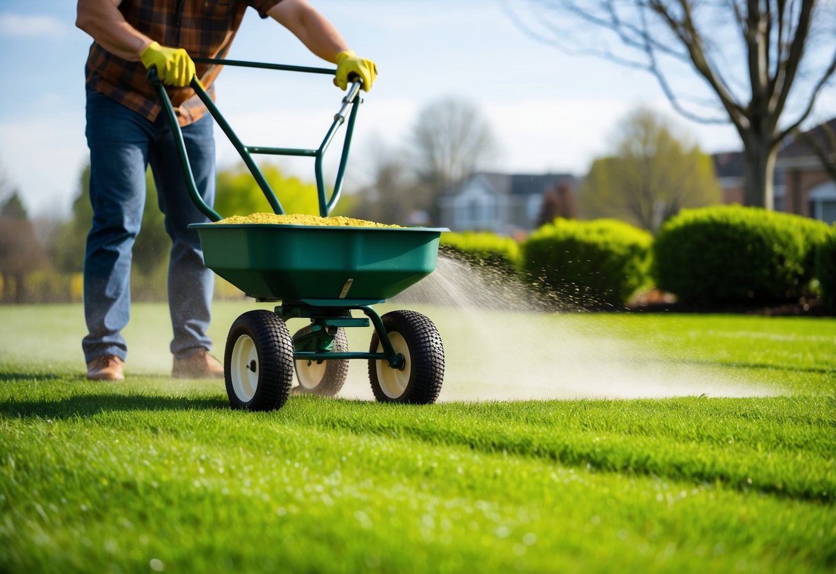 A person spreading fertilizer on a lush green lawn with a spreader on a sunny spring day