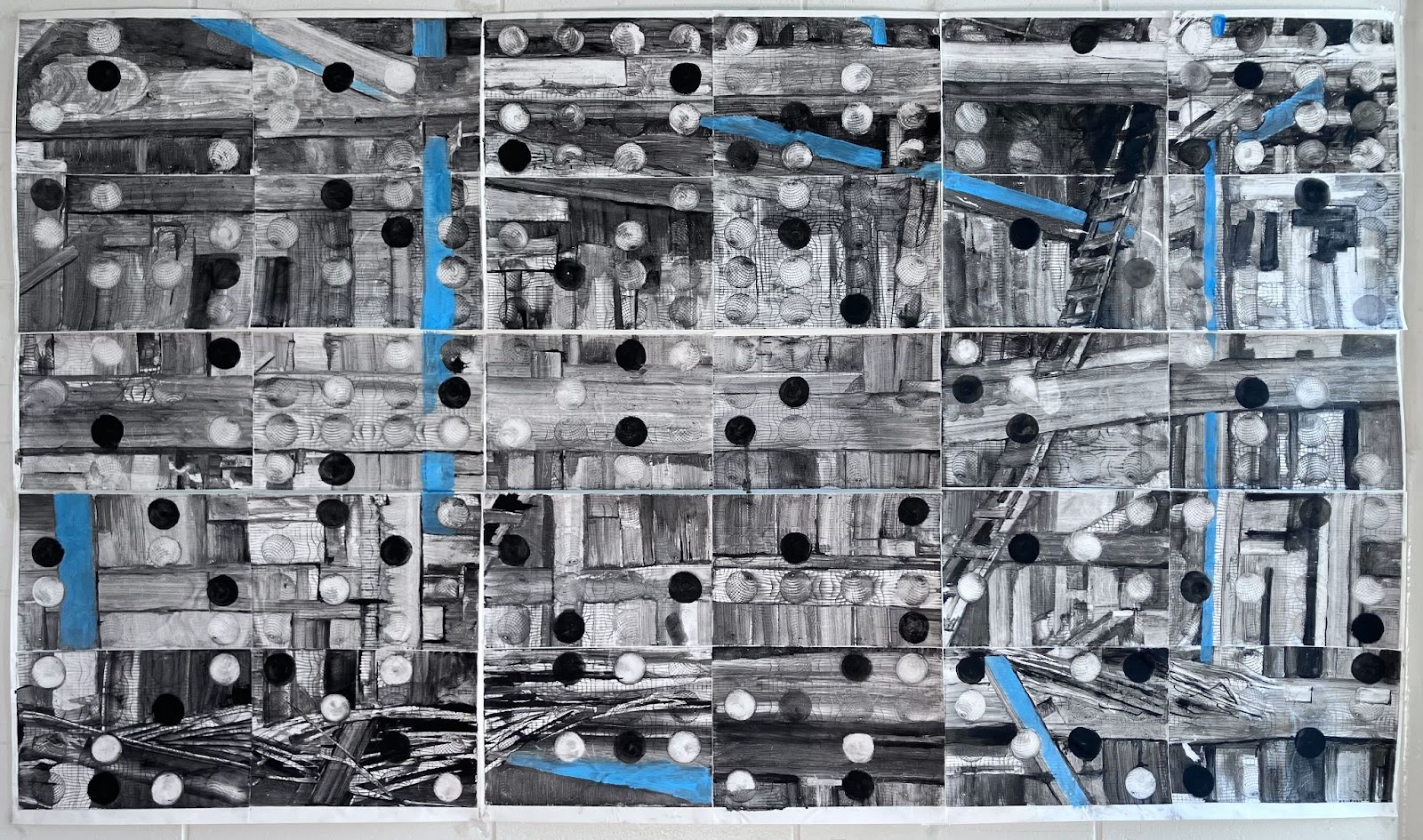 Image of artwork by Gabriel Deerman showing various images of printing blocks and blue lines.