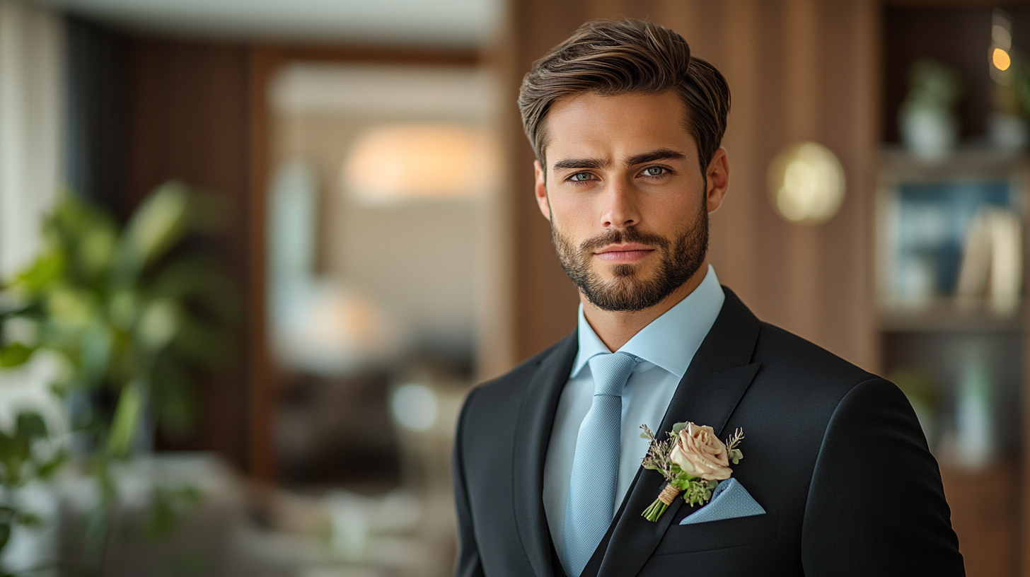 A groom in a perfectly tailored black suit, wearing a soft light blue shirt underneath. The light blue shirt provides a gentle contrast to the sharpness of the black suit, creating a polished, formal look that’s both sophisticated and fresh. The groom stands confidently with a refined presence, accessorized with a stylish tie or pocket square and polished shoes. The scene is set in an elegant wedding venue, capturing the groom’s timeless and formal appearance as he prepares to walk down the aisle. The soft blue adds a subtle touch of color, enhancing the groom's sophisticated style without overpowering the classic black suit.