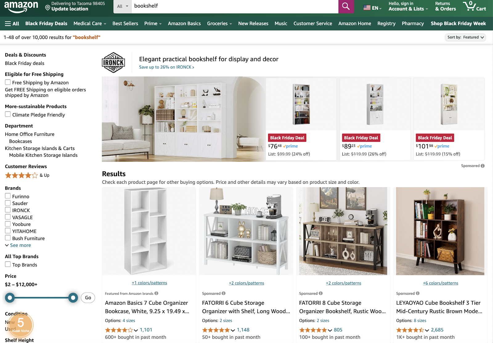 Screenshot of a product SERP on Amazon looking a shelving units 