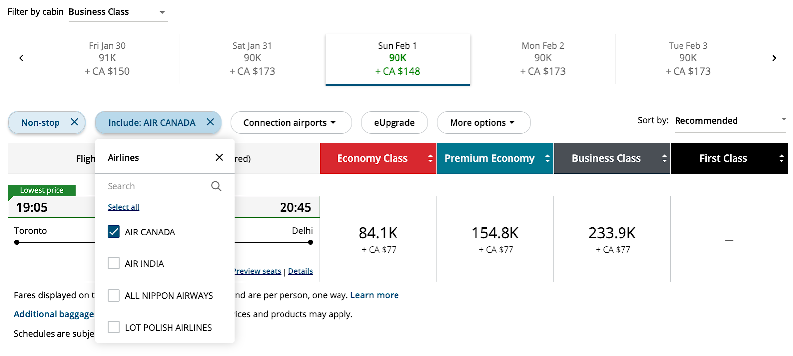 filtering results on Air Canada