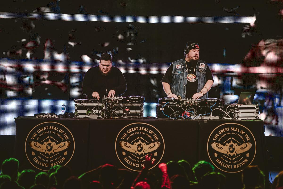 A photo of the band performing. From left: Tim “2oolman” Hill, Ehren “Bear Witness” Thomas. Credit: Timothy Nyugen Photography