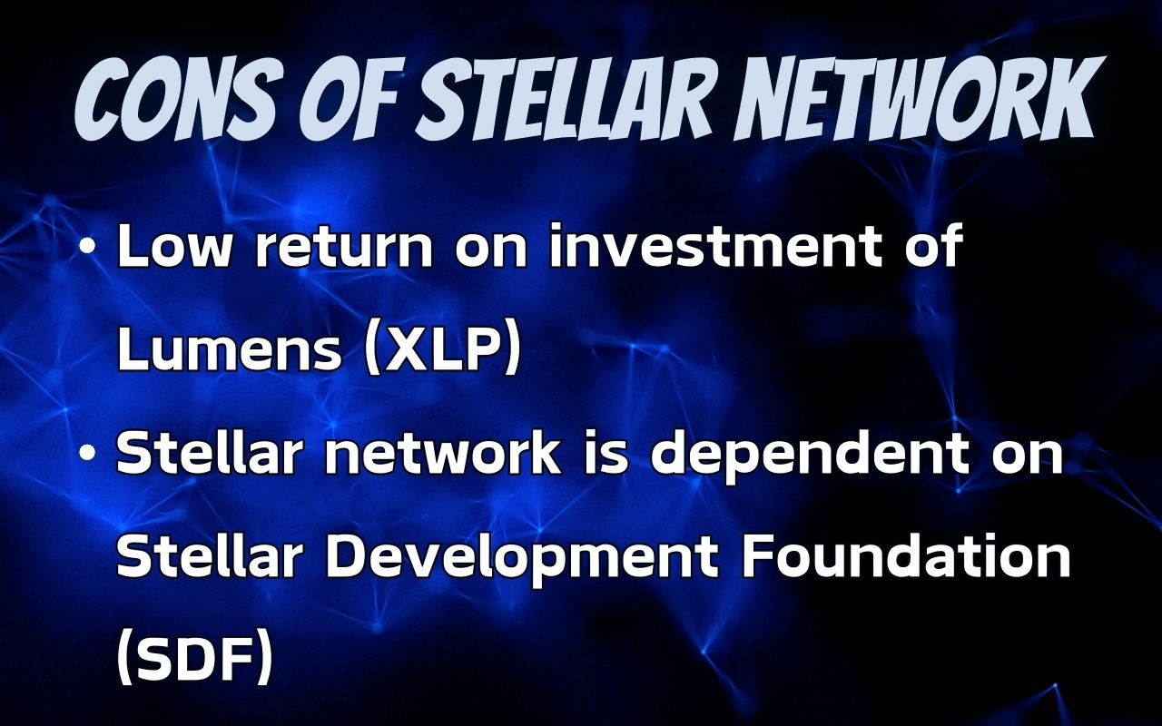 Cons of Stellar Network listed on a blue background: low return on Lumens (XLM) investment and dependence on Stellar Development Foundation (SDF).