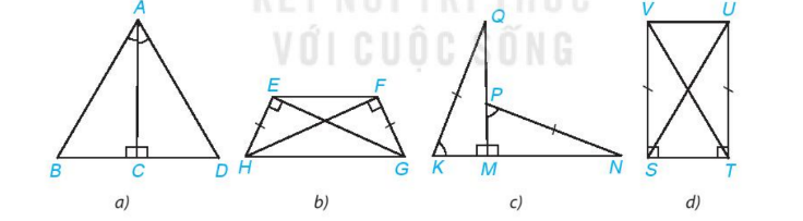 BÀI 15. CÁC TRƯỜNG HỢP BẰNG NHAU CỦA TAM GIÁC VUÔNG1. BA TRƯỜNG HỢP BẰNG NHAU CỦA TAM GIÁC VUÔNGBài 1: Hai tam giác vuông ABC (vuông tại đỉnh A) và A’B’C’ (vuông tại đỉnh A’) có các cặp cạnh góc vuông bằng nhau: AB = A B', AC = A'C' (H.4.45). Dựa vào trường hợp bằng nhau cạnh - góc - cạnh của hai tam giác, hãy giải thích vì sao hai tam giác vuông ABC và ABC bằng nhau.Đáp án chuẩn: ΔABC=ΔA'B'C' (c.g.c)Bài 2: Hai tam giác vuông ABC (vuông tại đỉnh A) và ABC vuông tại đỉnh A) có tương ứng một cạnh góc vuông và một góc nhọn kề với cạnh ấy bằng nhau: AB = A'B', góc B = góc B’ (H.4.46).Dựa vào trường hợp bằng nhau góc cạnh - góc của hai tam giác, hãy giải thích vì sao hai tam giác vuông ABC và ABC bằng nhau.Đáp án chuẩn: ΔABC=ΔA'B'C' (g.c.g)Bài 3: Quay lại tình huống mở đầu, ta thấy mỗi chiếc cột với bóng của nó tạo thành hai cạnh góc vuông của một tam giác vuông. Hai tam giác vuông này có hai cặp cạnh tương ứng bằng nhau và hai góc ở đỉnh chiếc cột của hai tam giác vuông này cũng bằng nhau. Vậy lí do mà bạn Tròn đưa ra có đúng không?Đáp án chuẩn: Lí do bạn Tròn đưa ra là chính xác.Bài 4: Hình 4.47 mô phỏng chiều dài và độ dốc của hai con dốc bởi các đường thẳng BC, B’C’ và các góc B, B’. Khi đó AC, A’C’ mô tả độ cao của hai con dốc.a) Dựa vào trường hợp bằng nhau góc - cạnh - góc của hai tam giác, hãy giải thích vì sao hai tam giác vuông ABC và A’B’C’ bằng nhau.b) So sánh độ cao của hai con dốc.Đáp án chuẩn: a) ΔABC=ΔA'B'C' (g.c.g)b) Độ cao của hai con dốc này bằng nhau.Bài 5: Trong Hình 4.48, hãy tìm các cặp tam giác vuông bằng nhau và giải thích vì sao chúng bằng nhau.Đáp án chuẩn: ΔABC=ΔXYZ (cạnh góc vuông – góc nhọn)ΔDEF=ΔGHK (cạnh huyền – góc nhọn)ΔMNP=ΔRTS (hai cạnh góc vuông).Bài 6: Cho Oz là tia phân giác của góc xOy. Lấy điểm M trên tia Oz và hai điểm A, B lần lượt trên các tia Ox, Oy sao cho MA vuông góc với Ox, MB vuông góc với Oy(H.4.50). Chứng minh rằng MA = MB.Đáp án chuẩn: ΔOMA=ΔOMB (cạnh huyền – góc nhọn).2. TRƯỜNG HỢP BẰNG NHAU ĐẶC BIỆT CỦA TAM GIÁC VUÔNGBài 1: Vẽ tam giác vuông ABC có A = 90°, AB = 3 cm, BC = 5 cm theo các bước sau:• Dùng thước thẳng có vạch chia vẽ đoạn thẳng AB = 3 cm.• Vẽ tia Ax vuông góc với AB và cung tròn tâm B bán kính 5 cm như Hình 4.51.Cung tròn cắt tia Ax tại điểm C.•Vẽ đoạn thẳng BC ta được tam giác ABC.Đáp án chuẩn: Bài 2: Tương tự, vẽ thêm tam giác ABC có A = 90°, AB = 3 cm, BC = 5 cm.a) Dùng thước thẳng có vạch chia hoặc compa kiểm tra xem AC có bằng A'C' không?b) Hai tam giác ABC và A'B'C' có bằng nhau không?Đáp án chuẩn: a) AC = A’C’b) Bằng nhau (cặp cạnh góc vuông bằng nhau).Bài 3: Hãy chỉ ra các cặp tam giác vuông bằng nhau dưới đây.Đáp án chuẩn: + ΔABC=ΔGHK + ΔDEF=ΔMNPBài 4: Cho ba điểm A, B, C nằm trên đường tròn tâm O và các điểm M, N, P như Hình 4.54. Hãy chỉ ra ba cặp tam giác vuông bằng nhau trong hình.Đáp án:ΔOAP=ΔOBP .ΔOAN=ΔOCN ΔOBM=ΔOCM Bà 5: Có hai chiếc thang dài như nhau được dựa vào một bức tường với cùng độ cao BH = B’H’ như Hình 4.55. Các góc BAH và B'A'H có bằng nhau không? Vì sao?Đáp án chuẩn: HAB=H'A'B'.BÀI TẬP CUỐI SGK