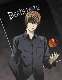 This contain an image of  Light Yagami holding an apple in his hand with the words death note written on it