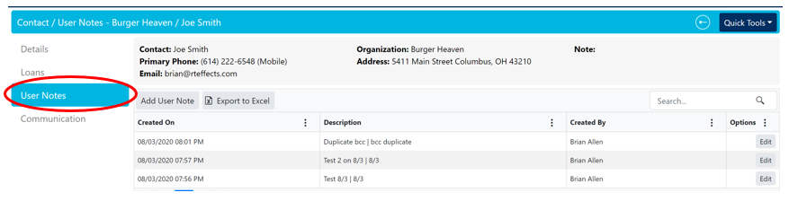 Contact management interface for Joe Smith at Burger Haven showing contact details and a user notes table with options to edit.
