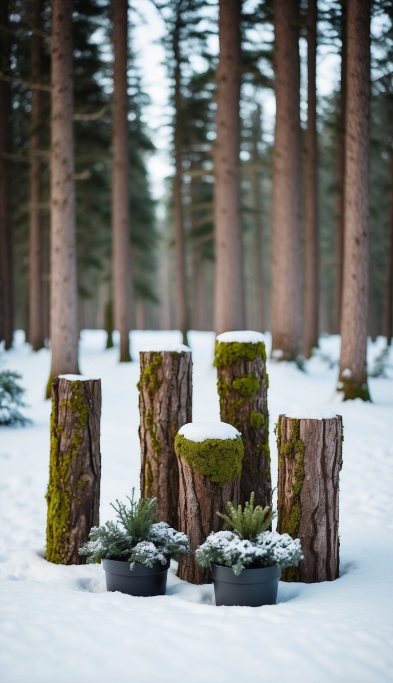 Moss-covered logs arranged with winter planters on a snowy forest floor