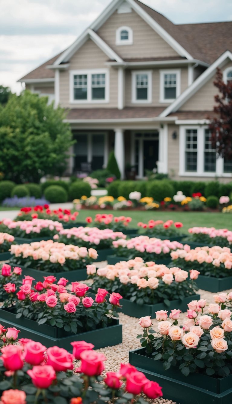 21 rose flower beds arranged in front of a house