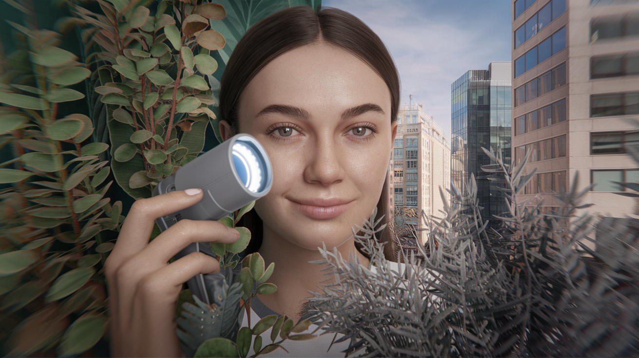 Create a photo realistic image of a young dermatologist with neutral features examining a cluster of plants and city buildings through a UV light gadget, wearing a gentle smile, to demonstrate a greater understanding of how overlooked environmental factors in urban areas can affect skin health. The background should incorporate both lush green vegetation and modern concrete structures to symbolize this dual setting and its impact. Do not add any text elements.