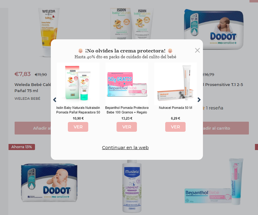 Ejemplo de pop up para hacer cross-selling desarrollada en una farmacia online.