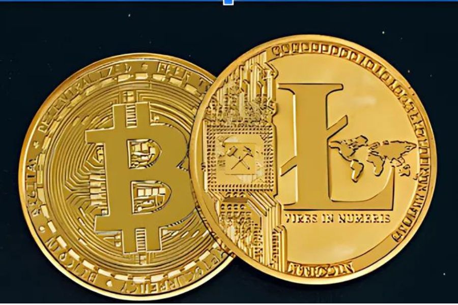 Bitcoin and Litecoin represented as intricate golden coins against a dark background