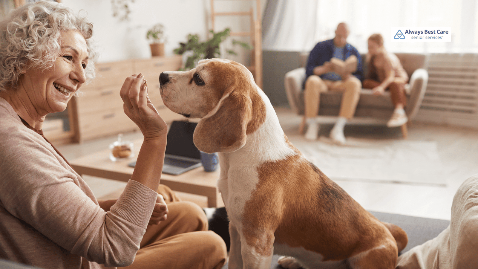 This image depicts a senior woman smiling while playing with her dog