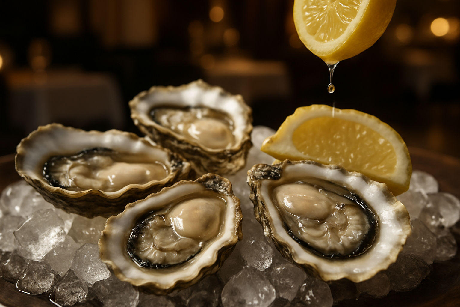 A close-up, photorealistic shot of fresh oysters on a bed of ice, drizzled with lemon juice, presented in a high-end seafood restaurant with soft, ambient lighting. The focus is on the texture and freshness of the oysters, highlighting their briny essence and nutritional value as a rich source of zinc. The scene evokes luxury and fine dining.