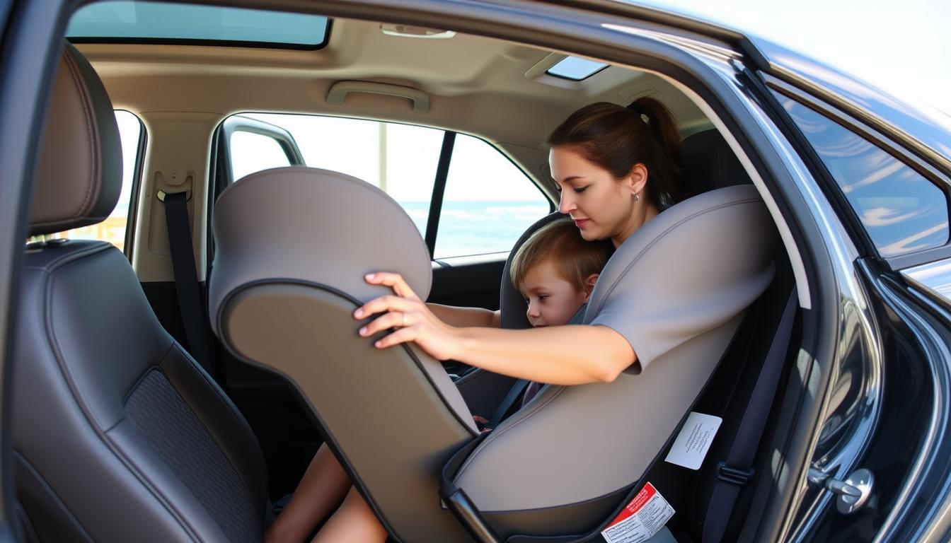 Parent installing lightweight car seat in rental car