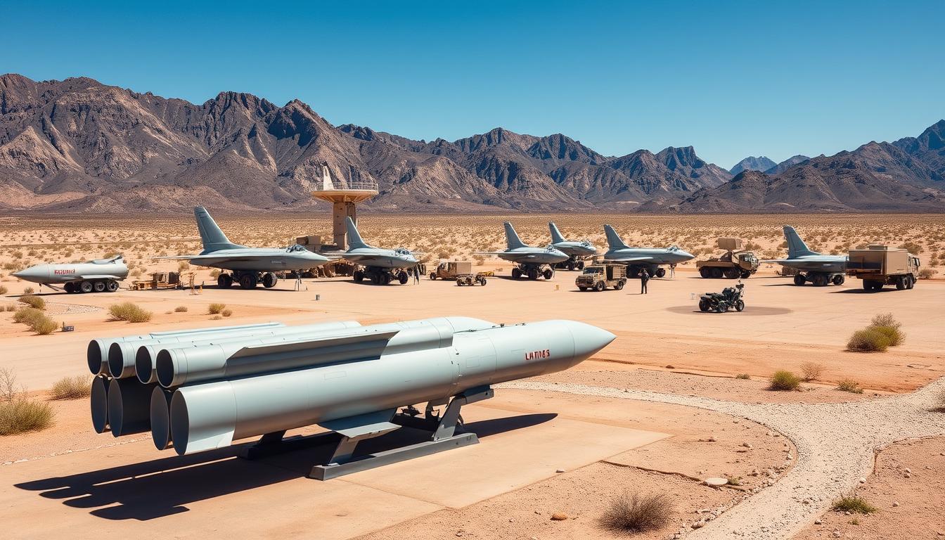 "Modern military base in New Mexico, featuring surface to air missiles on display, surrounded by arid desert landscape, rugged mountains in the background, with high-tech radar systems and military vehicles, clear blue sky above."