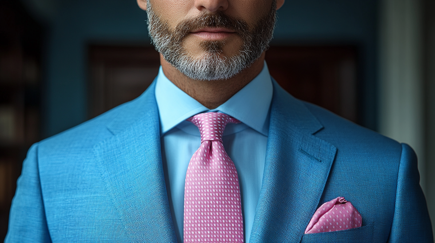 
A man wearing a blue suit with a soft pink tie, creating a warm and fresh look. The pink tie adds a touch of color to the blue suit, perfect for spring and summer events, exuding a light, vibrant style