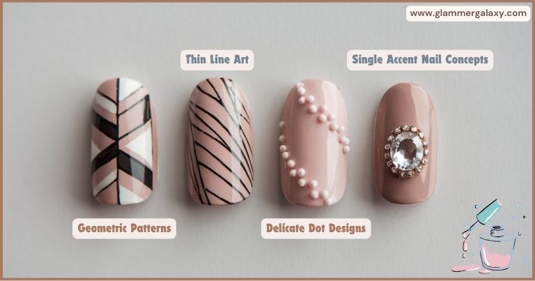 Image showcasing four different nail art designs: geometric patterns, thin line art, a single accent nail with pearl detailing, and delicate dot designs.