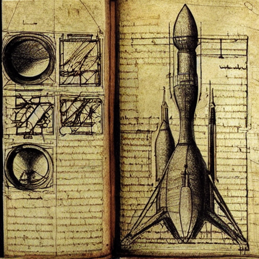 Jasper Art Review: A vintage sketch of a rocket design in a notebook, reminiscent of Leonardo da Vinci's inventions.