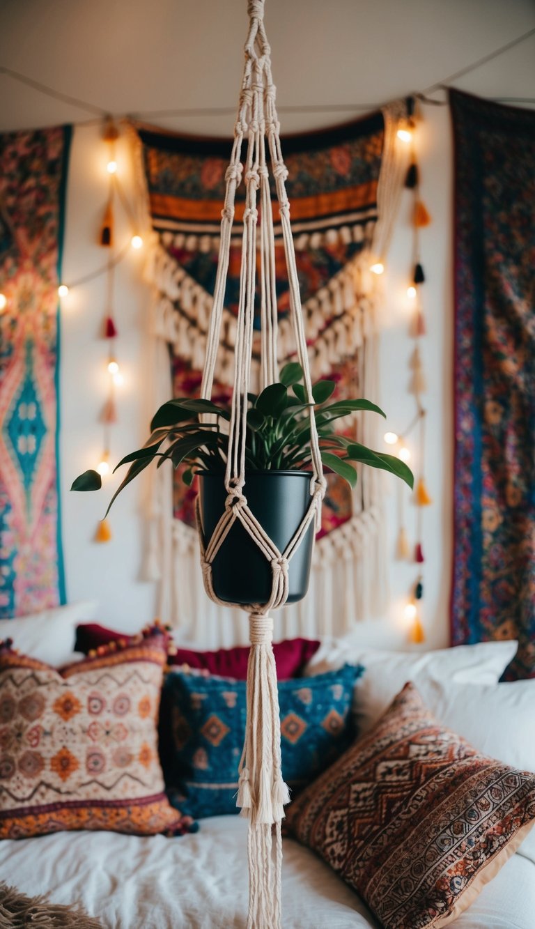 A cozy boho bedroom with a macrame indoor hanging planter, surrounded by colorful tapestries, patterned pillows, and soft lighting