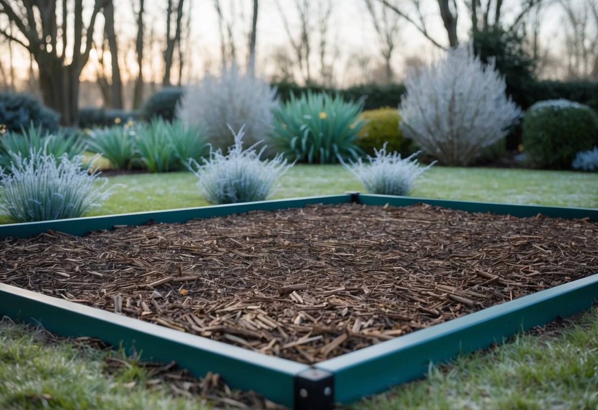 A garden bed covered in a layer of mulch with a backdrop of frosty plants and bare trees on a cold February morning