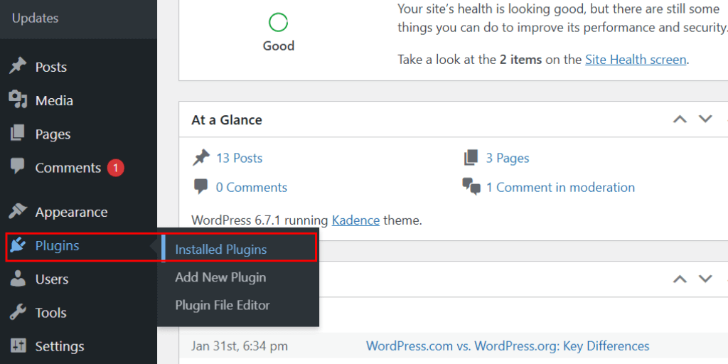 wordpress dashboard installed plugins