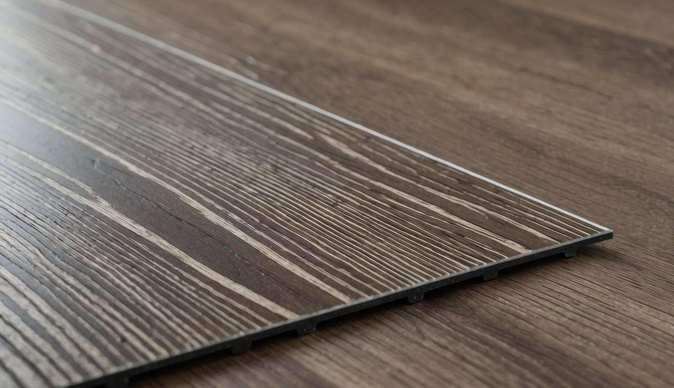 A sample of high-quality SPC flooring, with a smooth and realistic wood grain texture, showing durability and resistance to scratches and wear