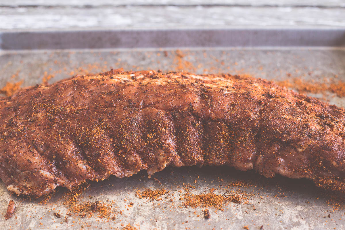 Pork ribs with rub ready to be vacuum sealed