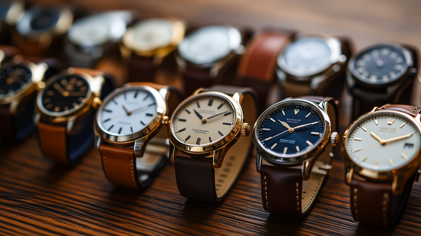 A collection of wedding watches neatly arranged on a textured wooden surface. Each watch is presented with its strap neatly folded beside it: a sleek silver minimalistic watch, a gold classic watch, a modern stainless steel watch, and a vintage-style watch with a brown leather strap. The watches are displayed with their bands folded neatly to highlight their elegance.