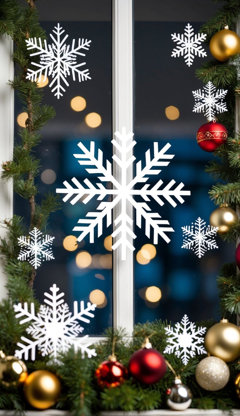 A window adorned with snowflake window clings, surrounded by festive Christmas decor