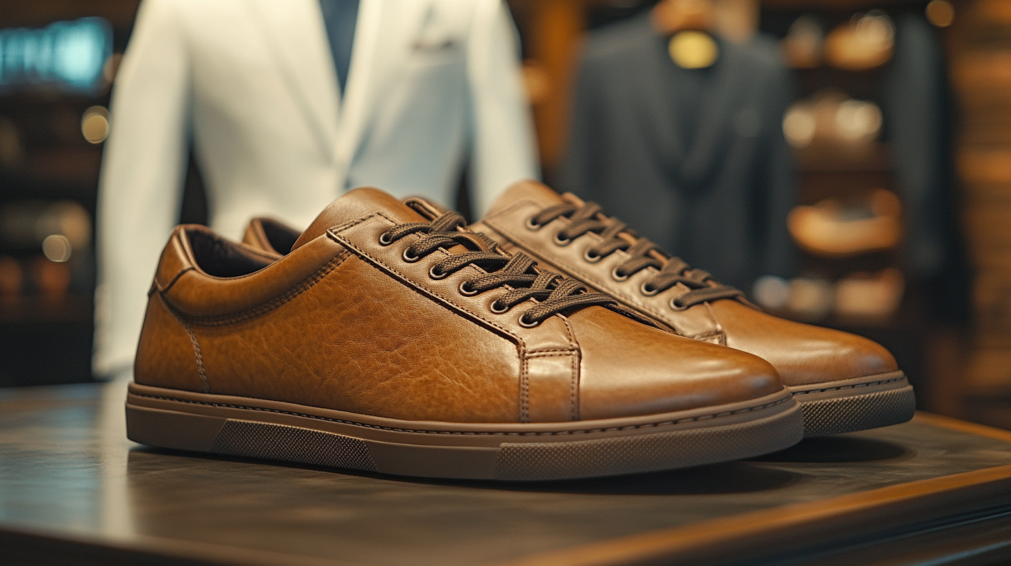 A pair of brown leather sneakers with a refined, warm tone, placed on a smooth, neutral surface. In the blurred background, a white suit is displayed on a mannequin, adding an elegant and stylish warmth to the overall composition.