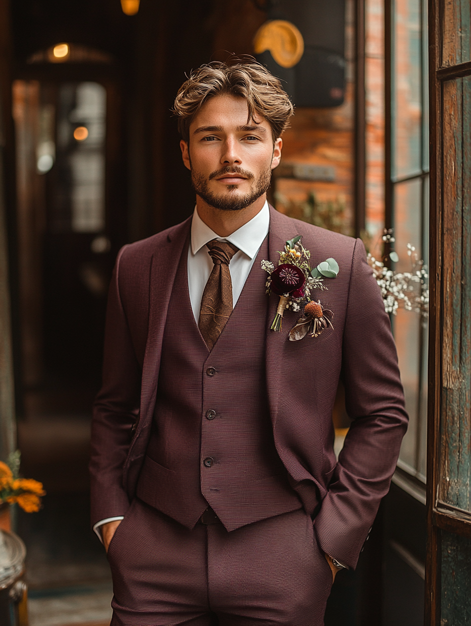 "Burgundy suit, rich and elegant, ideal for fall weddings, reflecting the season's warm tones, suitable for semi-formal weddings in any season, striking yet understated, paired with classic accessories, sophisticated and stylish look, perfect for standing out with subtle boldness