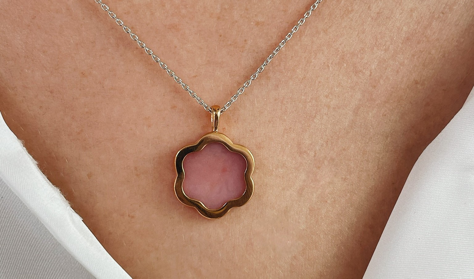 A delicate pink opal necklace, perfect for casual weddings.