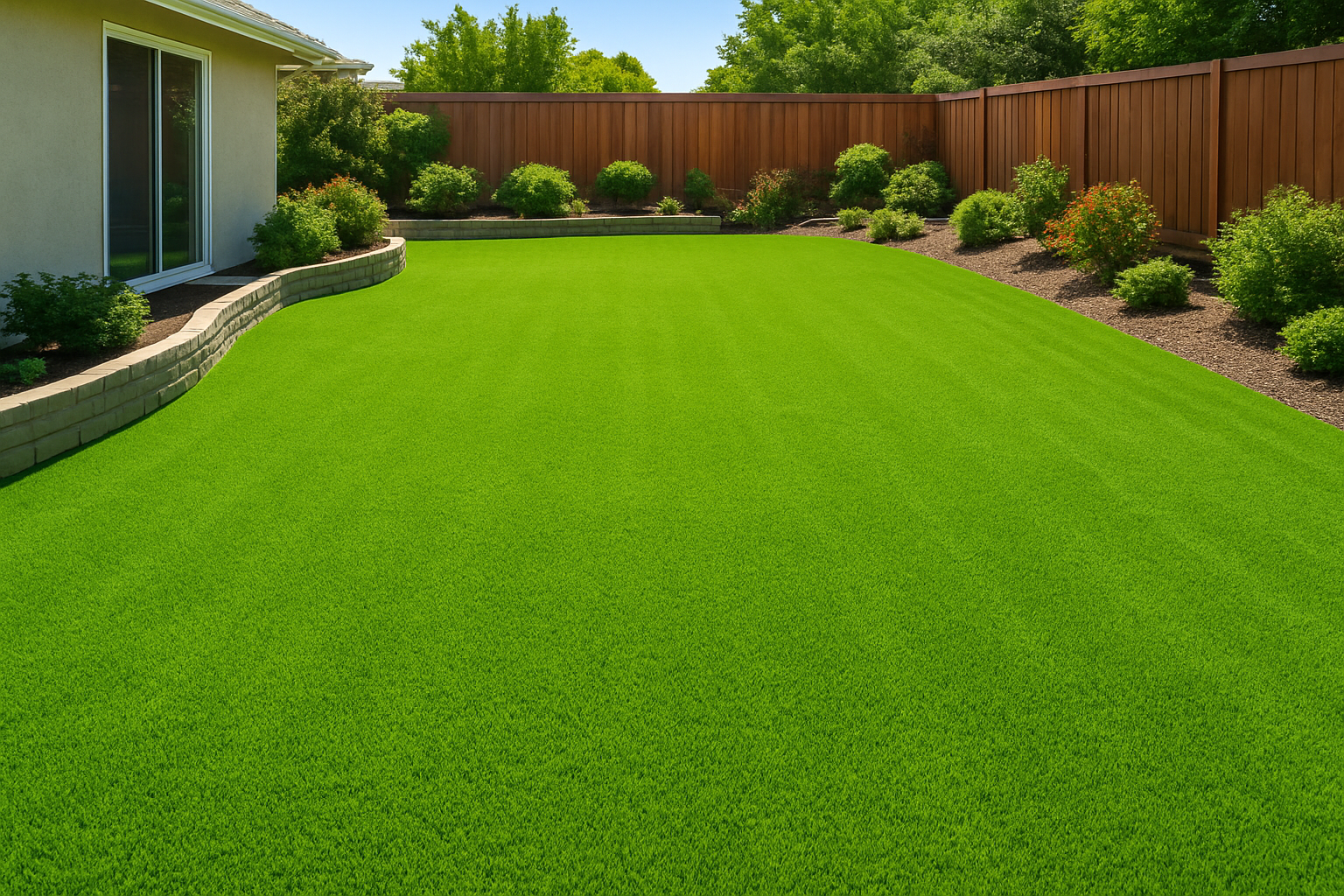Well-maintained backyard with green outdoor artificial lawns surrounded by garden beds and a wooden fence.