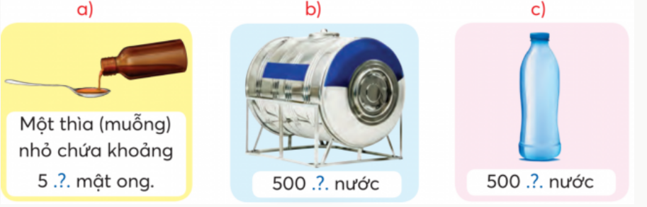 BÀI 9.MI-LI-LÍTTHỰC HÀNHBài 1: Mỗi bình đựng bao nhiêu lít nước ? ( Viết theo mẫu ) Đáp án chuẩn:a) 200 mlb) 500 mlc) 1 000 mlBài 2: Đọc dung tích ghi trên một vài hộp sữa, chai nước.Đáp án chuẩn:Bịch sữa có dung tích 220 ml.Hộp sữa milo có dung tích 115 ml.Chai nước có dung tích 700 ml.LUYỆN TẬP