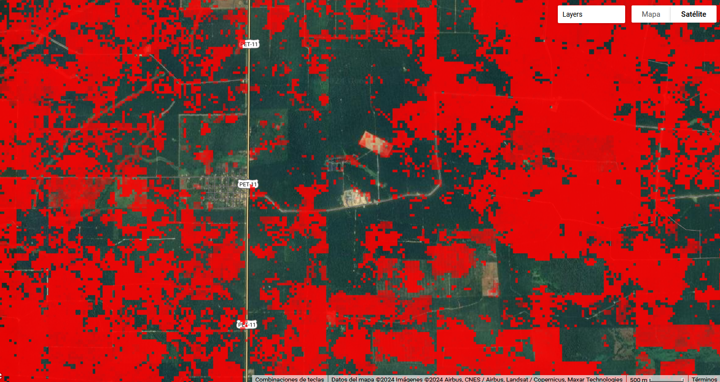 Así se ve REPSA 2 y, en rojo, la deforestación causada según el proyecto GLAD: