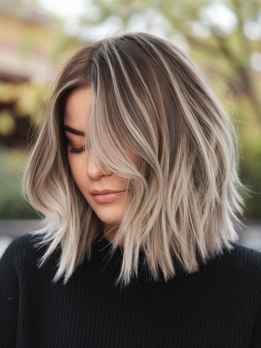 89. Soft Choppy Bob with Long Layers and Highlights