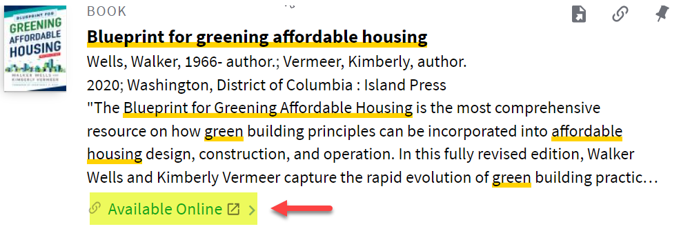 A screenshot of UMD Discover highlight the location of the Available Online link