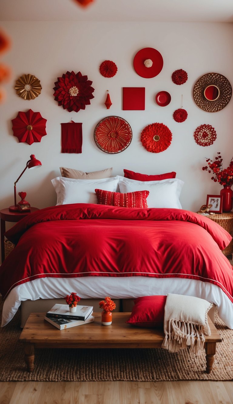 A cozy bedroom with a vibrant red paprika duvet cover, surrounded by 25 different red bedroom decor ideas