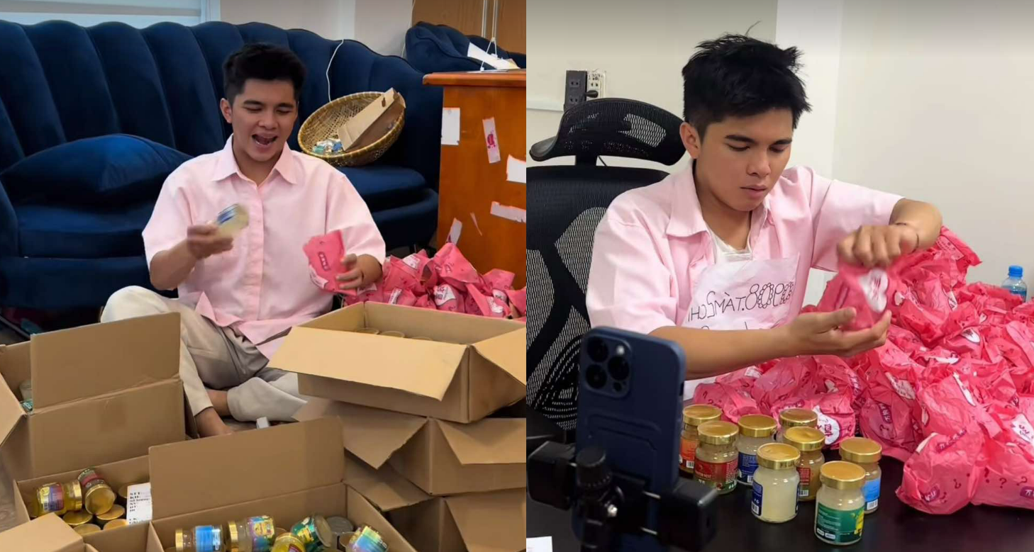 A collage of a person sitting at a desk with a box of food

Description automatically generated