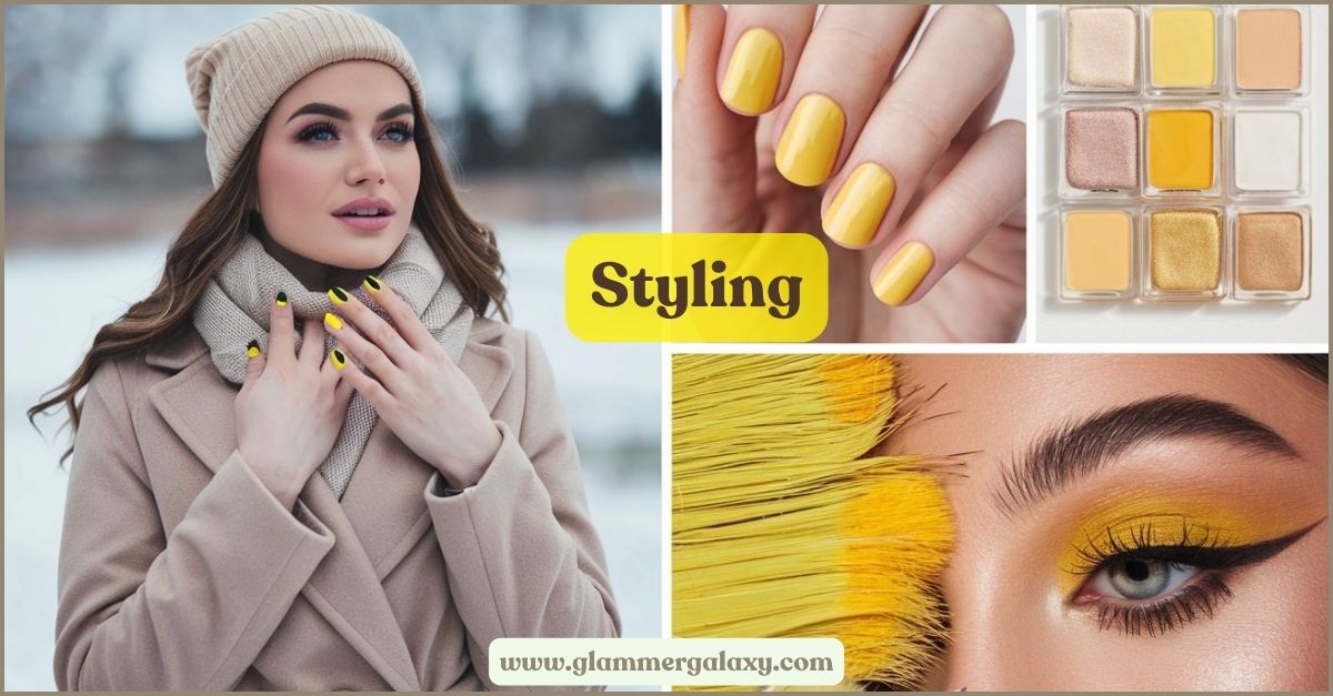 Woman with yellow nails, nail polish palette, eye makeup close-up, “Styling” text.