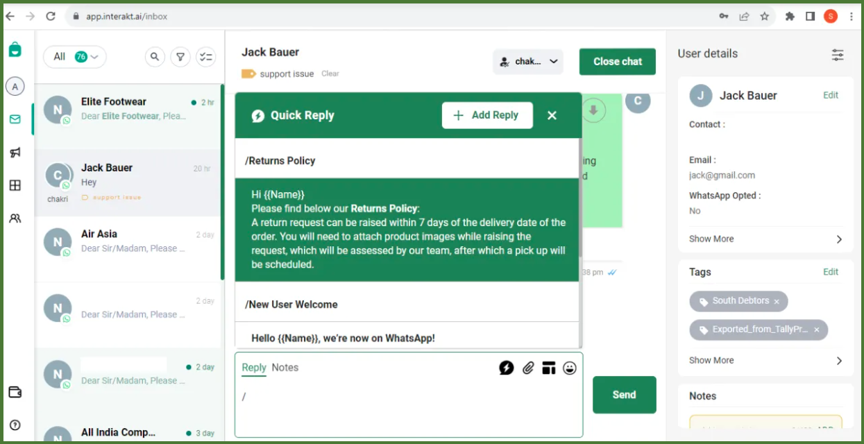 The best 10 WhatsApp Business API service providers; Interakt dashboard showing its features