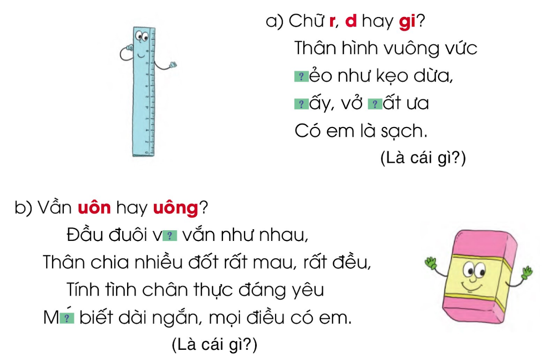 BÀI 8: EM YÊU THẦY CÔChia sẻCâu 1: Dựa vào gợi ý tìm chữ cái phù hợp với mỗi ô trống để hoàn thành các từ theo từng dòng. Đọc từ mới xuất hiện ở cột tô màu vàng.- Dòng 1: Một bông hồng em dành tặng cô. Một bài ca hát riêng tặng thầy.- Dòng 3: Đi học thật là vui- Dòng 4: Mẹ của em ở trường là cô giáo mến thương- Dòng 5: Em yêu trường em với bao bạn thân và cô giáo hiền - Dòng 8: Uống nước nhớ nguồn- Dòng 9: Lúc ở nhà mẹ cũng là cô giáo khi đến trường cô giáo như mẹ hiềnGiải nhanh:- Dòng 1: Thay- Dòng 3: Vui- Dòng 4: Mến thương- Dòng 5: Hiền- Dòng 8: Nhớ- Dòng 9: Cô giáo=> Từ xuất hiện ở ô màu vàng: YÊU THƯƠNG.Câu 2: Đặt một câu với từ mới xuất hiện ở cột tô màu vàng.Giải nhanh:Cô giáo dạy em phải biết yêu thương mọi người.BÀI ĐỌC 1: BỨC TRANH BÀN TAYĐọc hiểu Câu 1: Cô giáo yêu cầu học sinh vẽ gì?Trả lời:Cô giáo yêu cầu học sinh vẽ: Một nhân vật em thích hoặc một người em yêu quý.Câu 2: Vì sao bức tranh của Hải làm cô giáo ngạc nhiên?Trả lời:Bức tranh của Hải làm cô giáo ngạc nhiên vì: Cậu bé vẽ một bàn tay.Câu 3: Hải giải thích thế nào?Trả lời:Hải giải thích: Đó là bàn tay của cô giáo.Câu 4: Món quà quý mà cô giáo nhận được là gì?Trả lời:Món quà quý mà cô giáo nhận được là: Tình cảm của Hải dành cho cô giáo.Luyện tậpCâu 1: Đặt câu hỏi cho bộ phận câu in đậm.a) Hải là cậu bé vẽ bức tranh bàn tay b) Hải vẽ bức tranh bàn tay c) Đó là bàn tay yêu thương của cô giáo.Giải nhanh:a) Hải là ai?b) Hải làm gì?c) Đó là gì?Câu 2: Mỗi câu có tác dụng gì? Ghép đúng:Giải nhanh:Bài đọc 1Câu 1: Tập chép: Nghe thầy đọc thơGiải nhanh:Tập chépCâu 2: Chọn chữ hoặc cần phù hợp vào ô trống rồi giải câu đốGiải nhanh:a) Dẻo      Giấy      rấtb) vuông              MuốnCâu 3: Chọn tiếng trong ngoặc đơn phù hợp với ô trốngGiải nhanh:a) con dao, giao việc, tiếng rao, giao lưu.b) buồng chuối, buồn bã, vui buồn, buồng cau.Câu 4: Tập viết:a) Viết chữ hoa: Gb) Viết ứng dụng: Giữ gìn vệ sinh thật tốt.BÀI ĐỌC 2: NHỮNG CÂY SEN ĐÁCâu 1: Thầy giáo mang chậu sen đá đến lớp để làm gì?Trả lời:Thầy giáo mang chậu sen đá đến lớp để: tặng cho học sinh.Câu 2: Các bạn học sinh làm gì để được thầy giáo tặng cây?Trả lời:Các bạn học sinh cố gắng đạt kết quả cao để được thầy giáo tặng cây.Câu 3: Việt cảm thấy thế nào khi nhận được cây sen đá?Trả lời:Việt cảm thấy rất tự hào khi nhận được cây sen đá.Câu 4: Mỗi lần có ai khen những chậu sen đá, bố của Việt nói gì?Trả lời:Mỗi lần có ai khen những chậu sen đá, bố của Việt nói rằng vợ chồng ông mừng rớt nước mắt. Thầy giáo đã làm thay đổi Việt.Luyện tậpCâu 1: Tìm trong bài một câu yêu cầu, đề nghị.Trả lời:Một câu yêu cầu, đề nghị trong bài: Các em cố gắng nhé!Câu 2: Em thích cách nói nào dưới đây hơn? Vì sao?a) Các em phải cố gắng!b) Các em cố gắng nhé! Giải nhanh:b) Các em cố gắng nhé! hơn? Vì nghe nhẹ nhàng hơn, không bị ép buộc mà là khích lệ.Kể chuyện – Trao đổiCâu 1: Cùng bạn kể nối tiếp từng đoạn của câu chuyện Những cây sen đá.a) Đoạn 1: Thầy giáo mang gì đến lớp? Thầy giáo nói gì?b) Đoạn 2: Cả lớp học tập cố gắng như thế nào? Kết quả học tập cuối năm của lớp như thế nào?c) Đoạn 3: Chậu sen đá của Việt lớn lên như thế nào? Mỗi khi có người khen những chậu cây bố của Việt nói gì?Trả lời:Cùng bạn kể nối tiếp từng đoạn của câu chuyện Những cây sen đá.Câu 2: Tuần vừa qua bạn Việt đạt kết quả học tập cao. Nếu em là tổ trưởng tổ bạn Việt em sẽ nói thế nào để đề nghị thầy giáo thưởng cây sen đó cho bạn.Trả lời:Tuần vừa qua bạn Việt đạt kết quả học tập cao. Nếu em là tổ trưởng tổ bạn Việt em sẽ đề nghị thầy giáo thưởng cây sen đó cho bạn: “Thưa thầy, trong tuần vừa qua Việt đã có kết quả học tập rất tốt. Em mong thầy sẽ tặng cây sen đá làm phần thưởng cho Việt ạ.”Câu 3: Nói và đáp lời yêu cầu đề nghị trong các tình huống sau:a) Bạn hỏi mượn em chiếc bút chì màub) Bạn ngồi bên cạnh nói chuyện trong giờ học em nhắc bạn giữ trật tự.Giải nhanh:a) Ừ cậu cứ tự nhiên. b) Cậu ơi cô đang giảng bài, cậu giữ trật tự chút nha!Bài viết 2