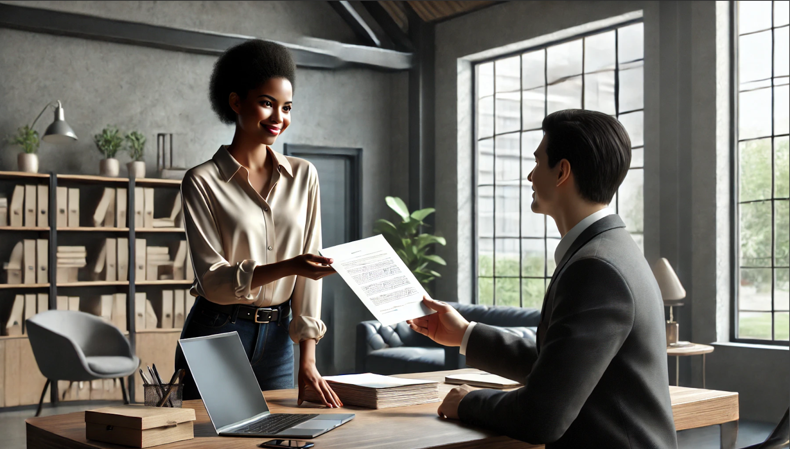 How to Submit a Manuscript to a Publisher. A professional woman in business casual attire hands a document to a man in a suit, who is seated at a desk in a modern office. The room is well-lit with large windows, industrial-style décor, and neatly arranged bookshelves in the background. A laptop, stacks of paper, and office supplies are placed on the desk, creating a productive and organized workspace.