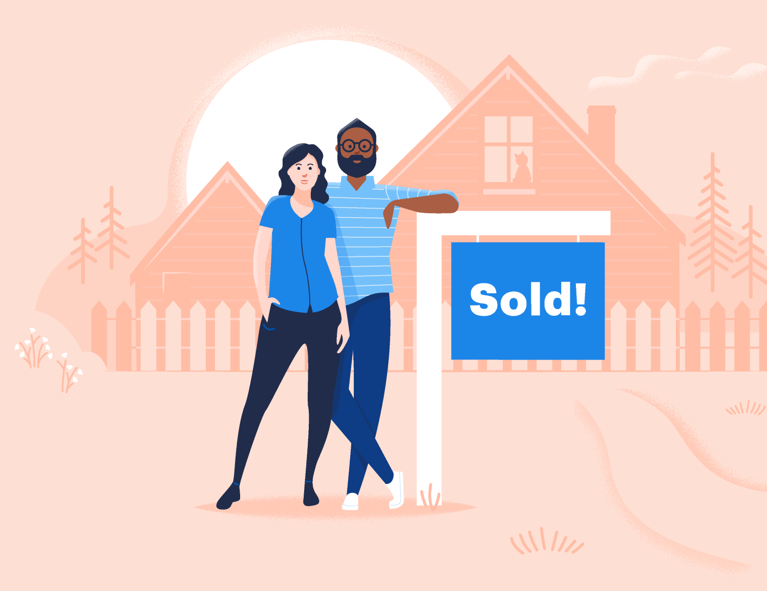 First-Time Homebuyers standing next to their sold sign. 