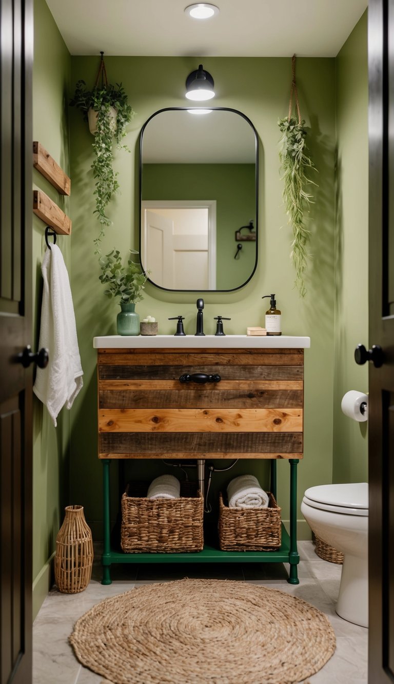 A rustic upcycled wood vanity in a green-themed bathroom, surrounded by natural elements and eco-friendly decor