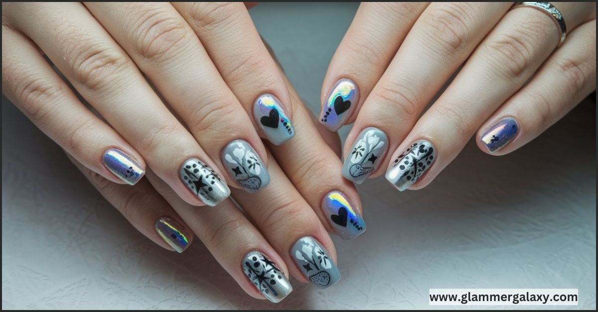 Two hands with detailed skull and rainbow holographic nail art against a grey background.