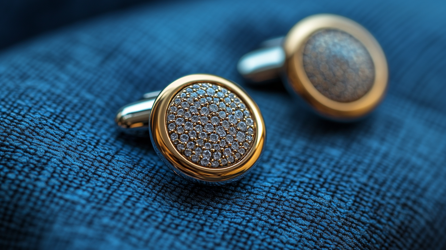 A close-up of cufflinks on a blue suit, showcasing silver and gold designs for a formal look. The cufflinks are polished and reflect the light, with a classic round or rectangular shape. For a personal touch, include unique, quirky cufflinks with a distinctive design, adding personality to the suit.