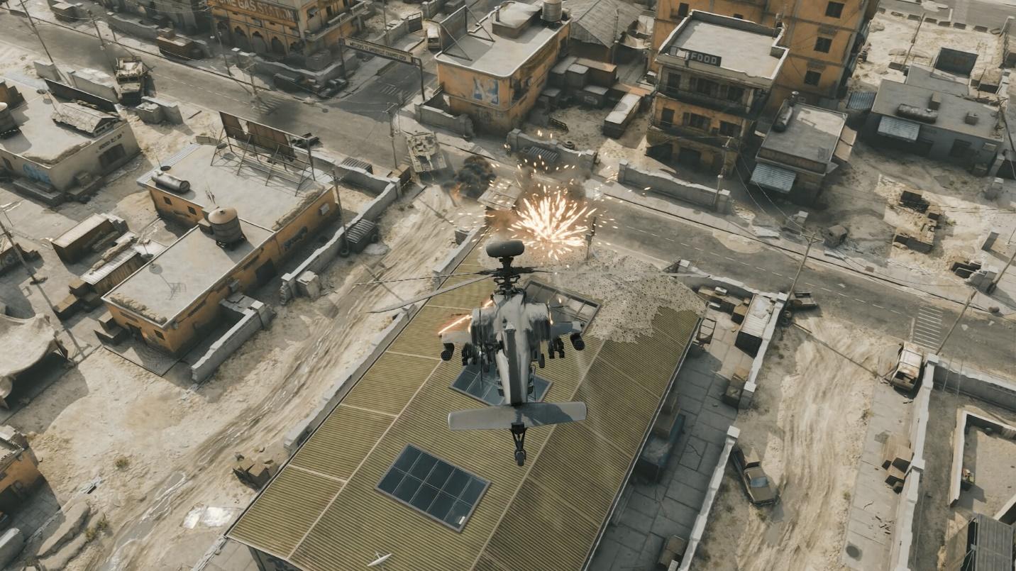 Helicopter attacking a building