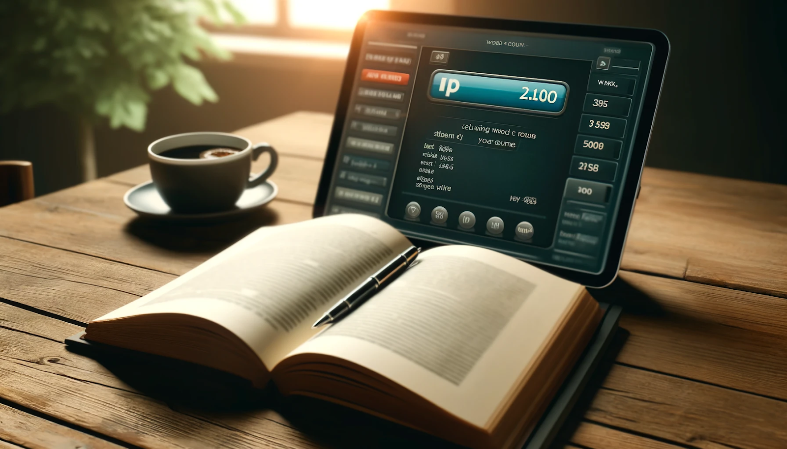 Open book, pen, coffee, and tablet with word count on a wooden table.