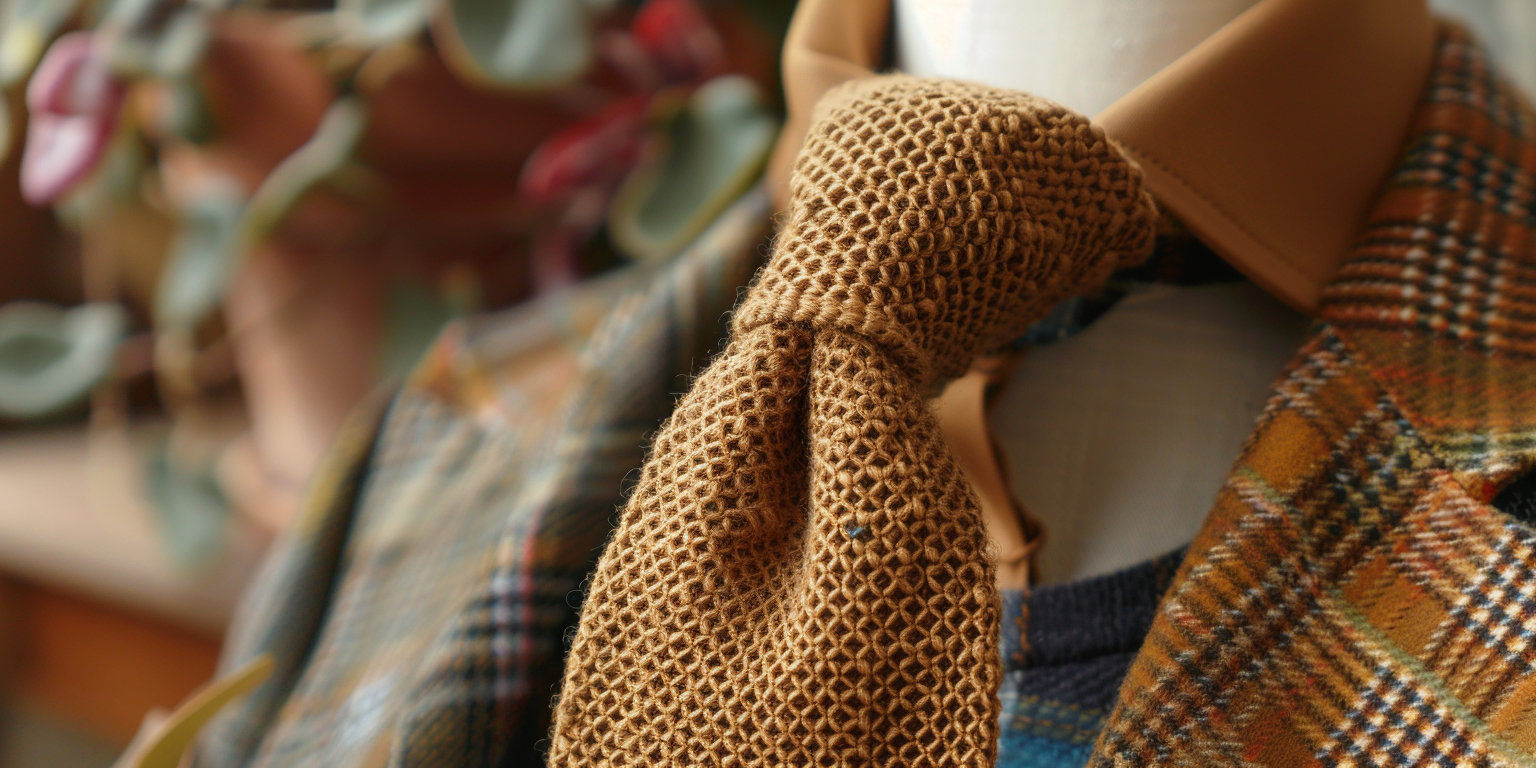 A textured knitted tie with a square tip, made from wool or cotton. Show the rich weave pattern and soft texture, styled with a smart-casual or business-casual outfit. The look is relaxed yet polished, ideal for creative workplaces or casual office days. Warm tones and natural lighting enhance the cozy feel.